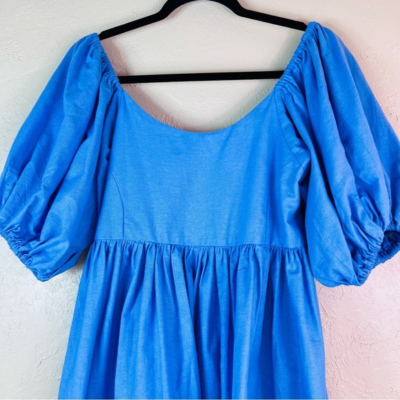 ELF Linen Handmade Puff Sleeve Blue Smocked Milkmaid Dress SIZE LARGE - Picture 6 of 9